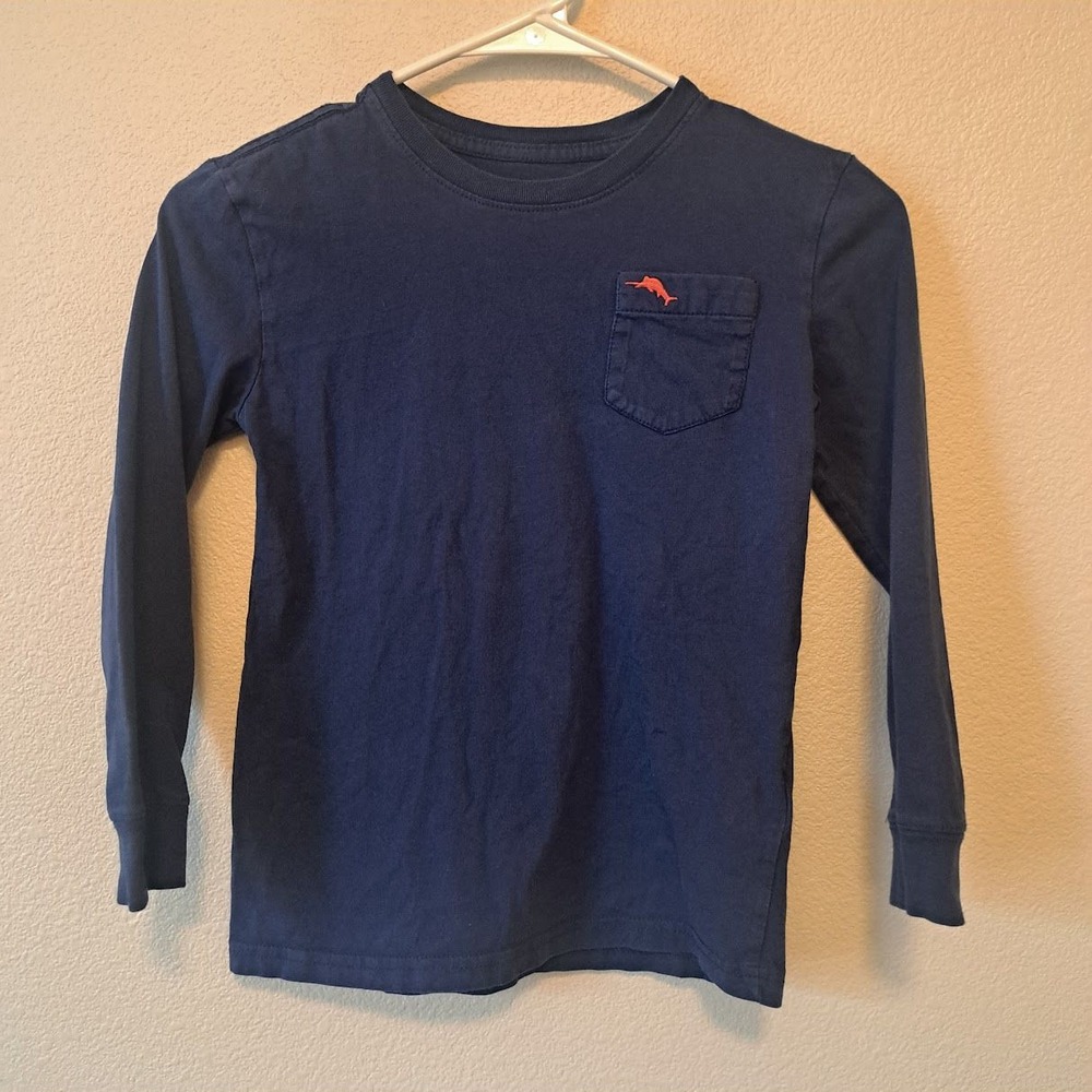 Tommy Bahama Boys Navy Blue Long Sleeve Pocket T-Shirt Size M 7-8 Marlin Logo